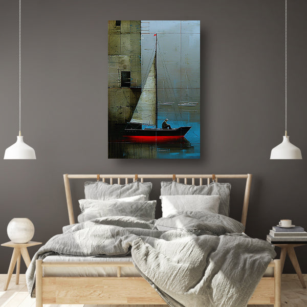 Surrealistisch schilderij van boot bij gebouw poster