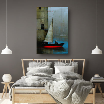Surrealistisch schilderij van boot bij gebouw canvas met baklijst