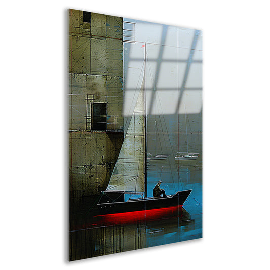 Surrealistisch schilderij van boot bij gebouw acrylglas