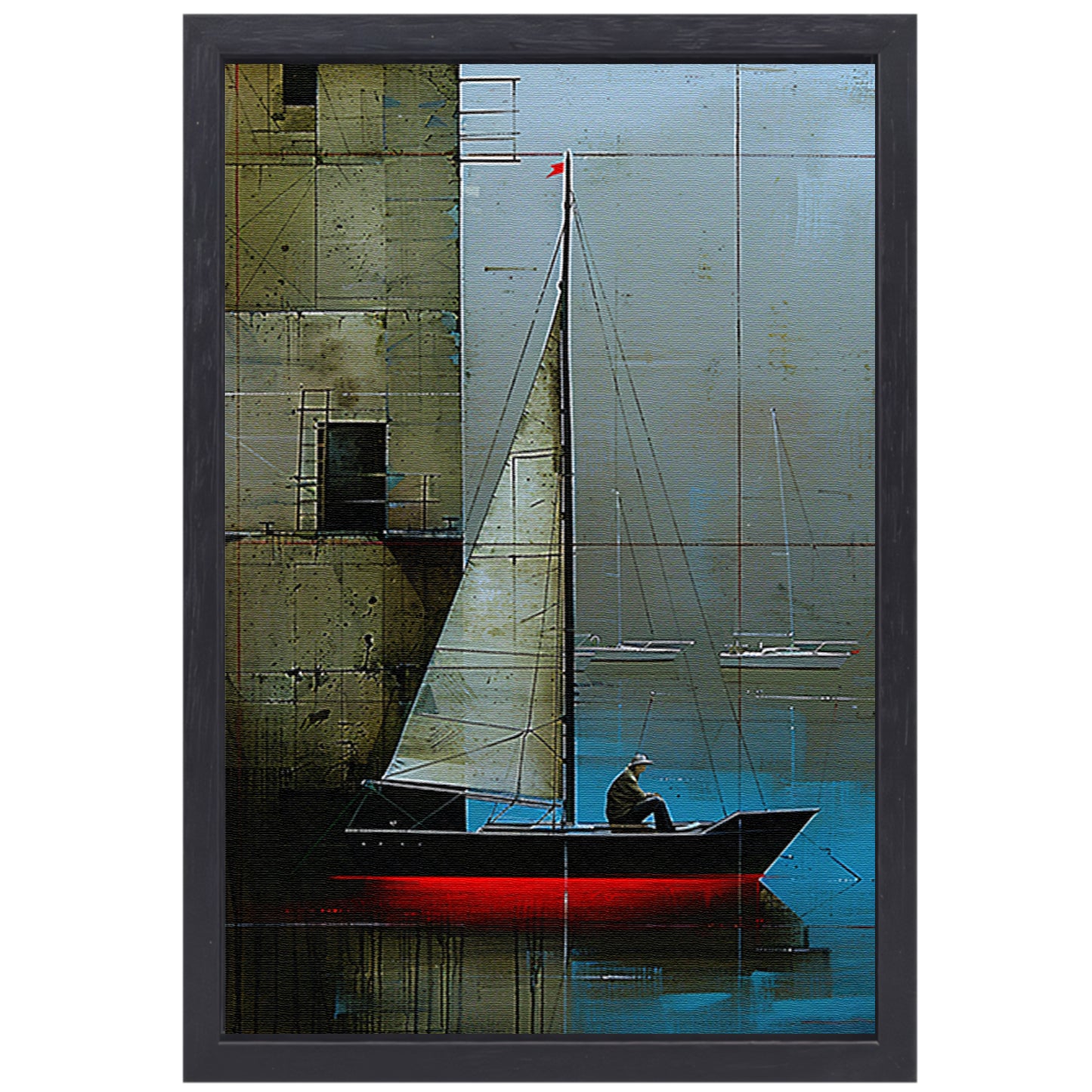 Surrealistisch schilderij van boot bij gebouw canvas met baklijst