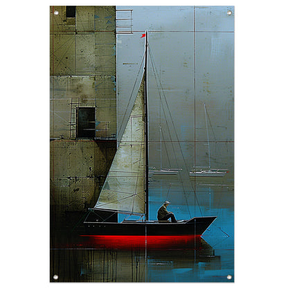 Surrealistisch schilderij van boot bij gebouw tuinposter