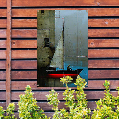 Surrealistisch schilderij van boot bij gebouw tuinposter