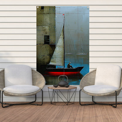 Surrealistisch schilderij van boot bij gebouw tuinposter