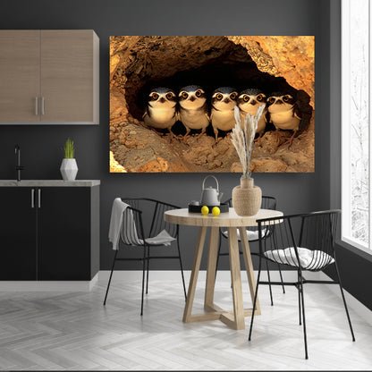 Nieuwsgierige Uilenfamilie in Grot canvas