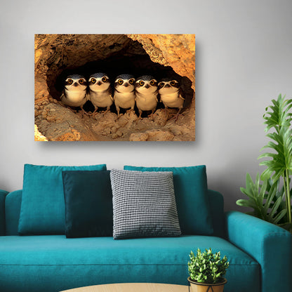 Nieuwsgierige Uilenfamilie in Grot canvas