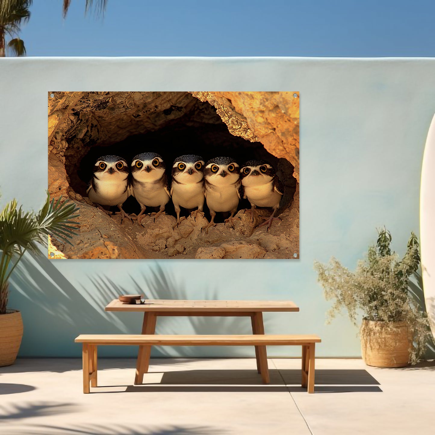 Nieuwsgierige Uilenfamilie in Grot tuinposter