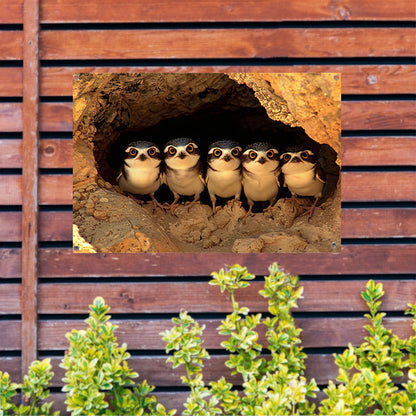 Nieuwsgierige Uilenfamilie in Grot tuinposter