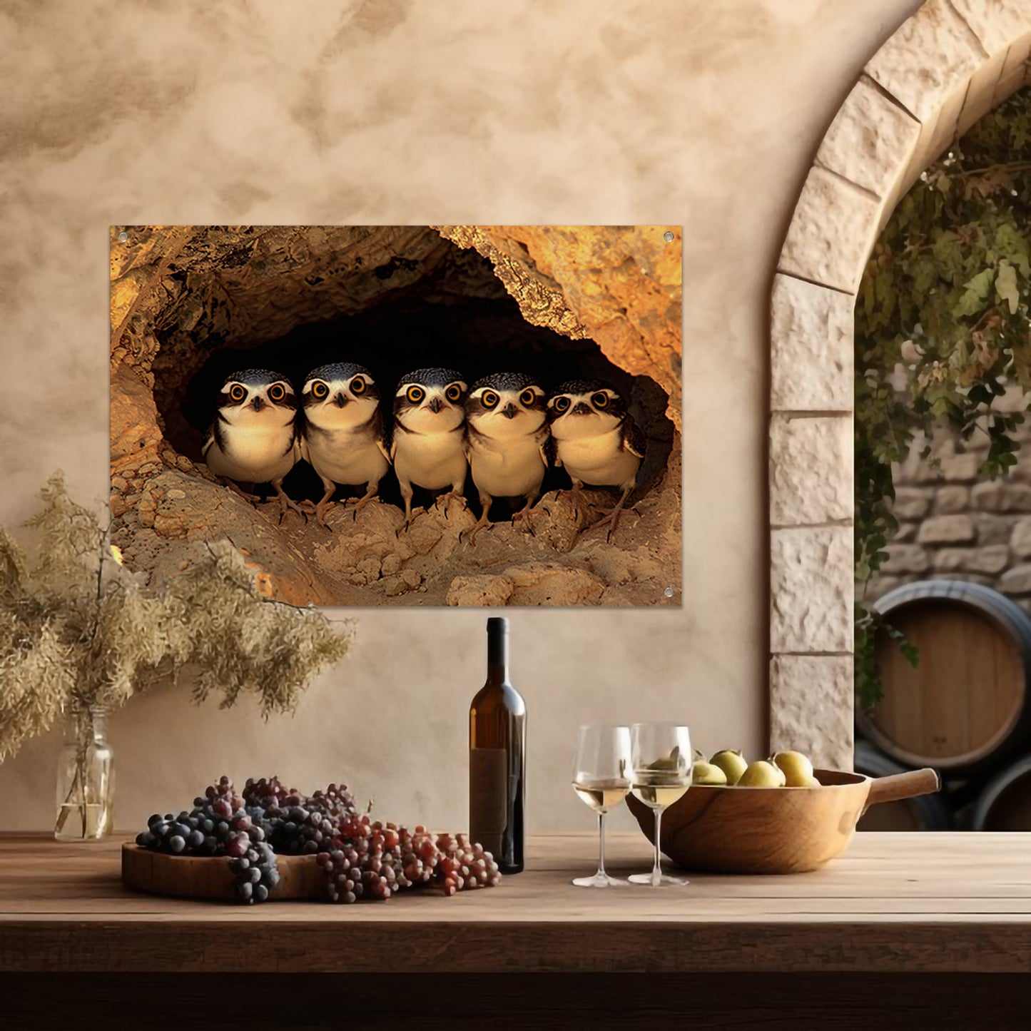 Nieuwsgierige Uilenfamilie in Grot tuinposter