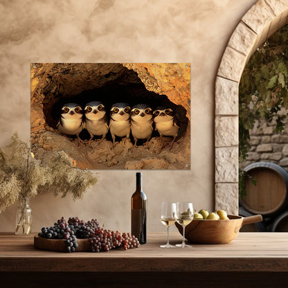 Nieuwsgierige Uilenfamilie in Grot tuinposter