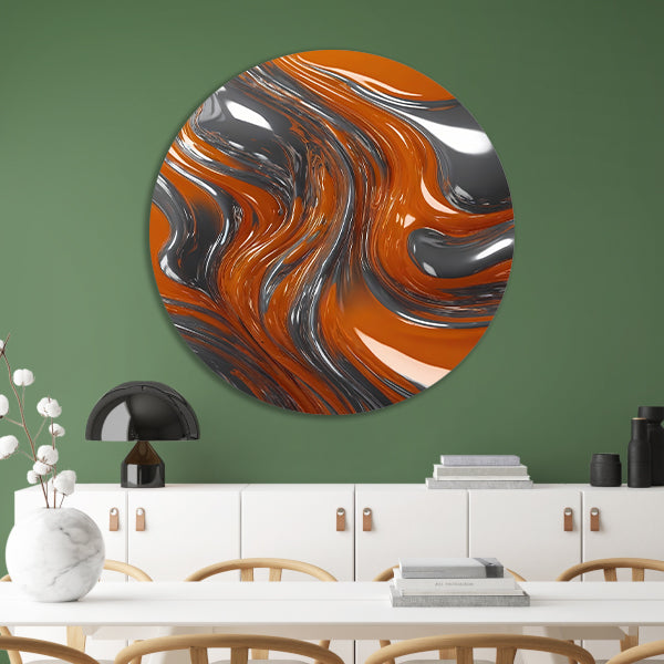 Energieke Abstractie in Oranje en Zilver aluminium muurcirkel