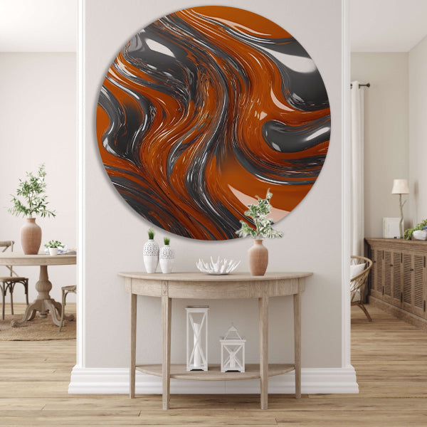 Energieke Abstractie in Oranje en Zilver aluminium muurcirkel