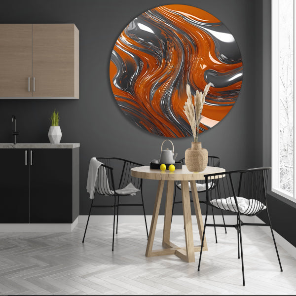 Energieke Abstractie in Oranje en Zilver aluminium muurcirkel