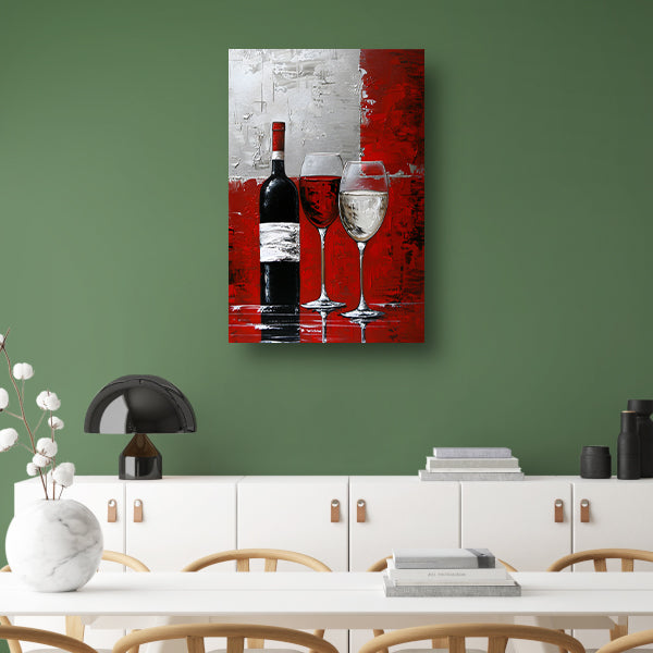 Abstract schilderij van wijnfles en glazen canvas met baklijst