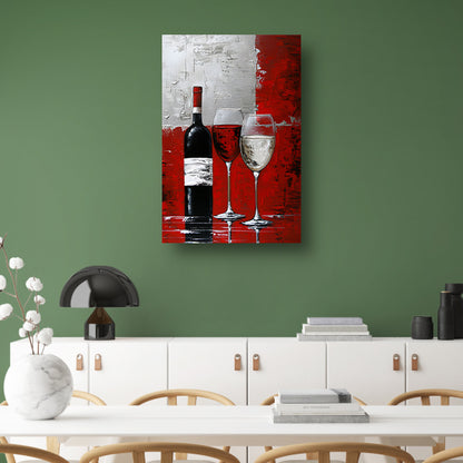Abstract schilderij van wijnfles en glazen canvas met baklijst
