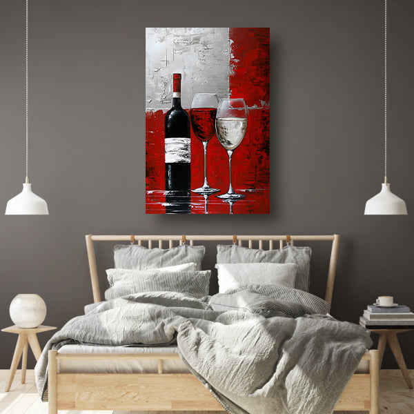 Abstract schilderij van wijnfles en glazen canvas met baklijst