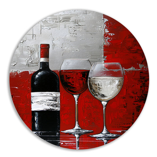 Abstract schilderij van wijnfles en glazen aluminium muurcirkel