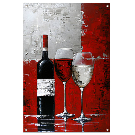 Abstract schilderij van wijnfles en glazen tuinposter