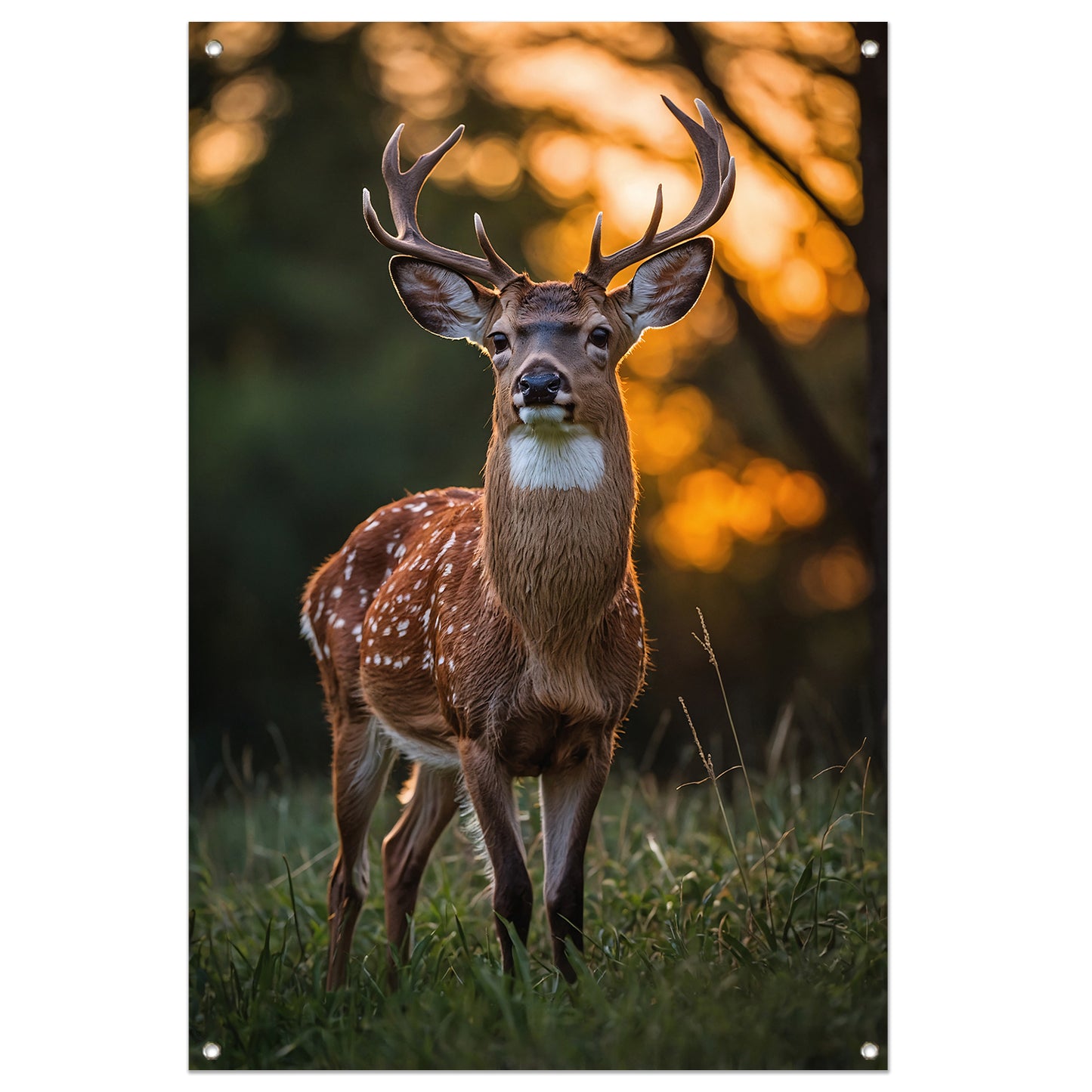 Hert in zonsondergang, natuurgetrouw en sereen tuinposter
