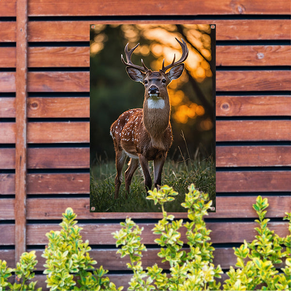 Hert in zonsondergang, natuurgetrouw en sereen tuinposter