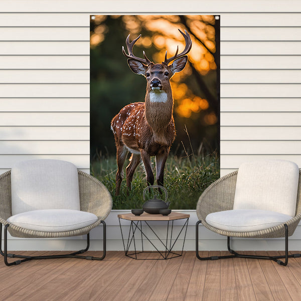 Hert in zonsondergang, natuurgetrouw en sereen tuinposter