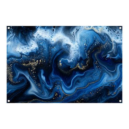 Abstract blauw en goud vloeibaar kunstwerk tuinposter