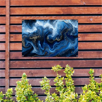 Abstract blauw en goud vloeibaar kunstwerk tuinposter