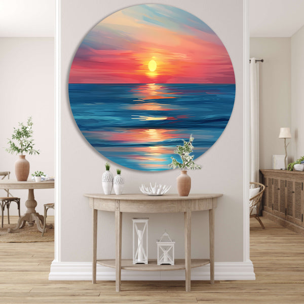 Minimalistische schildering van kleurrijke zonsondergang forex muurcirkel
