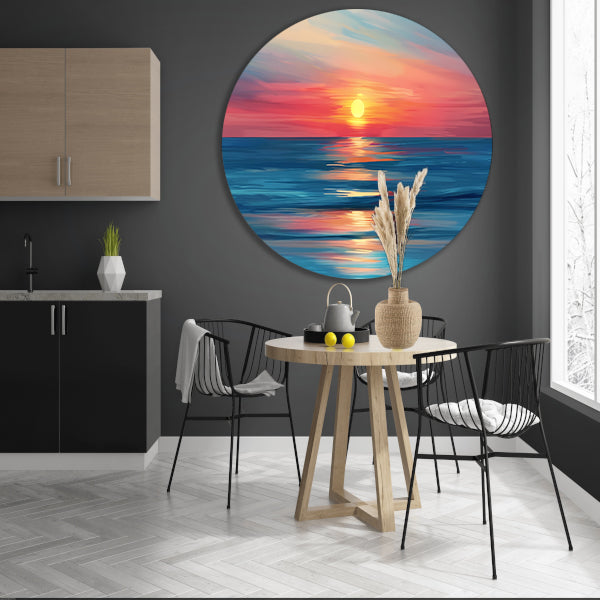 Minimalistische schildering van kleurrijke zonsondergang aluminium muurcirkel