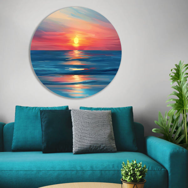 Minimalistische schildering van kleurrijke zonsondergang aluminium muurcirkel