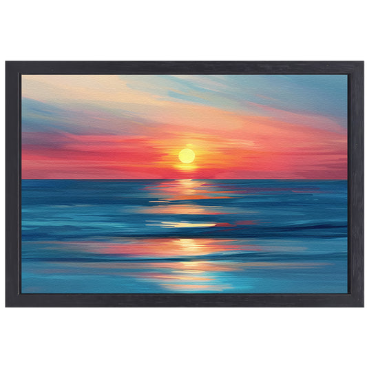 Minimalistische schildering van kleurrijke zonsondergang canvas met baklijst