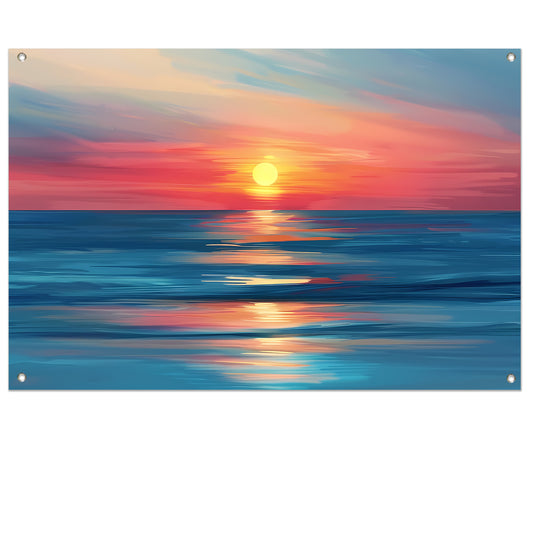 Minimalistische schildering van kleurrijke zonsondergang tuinposter