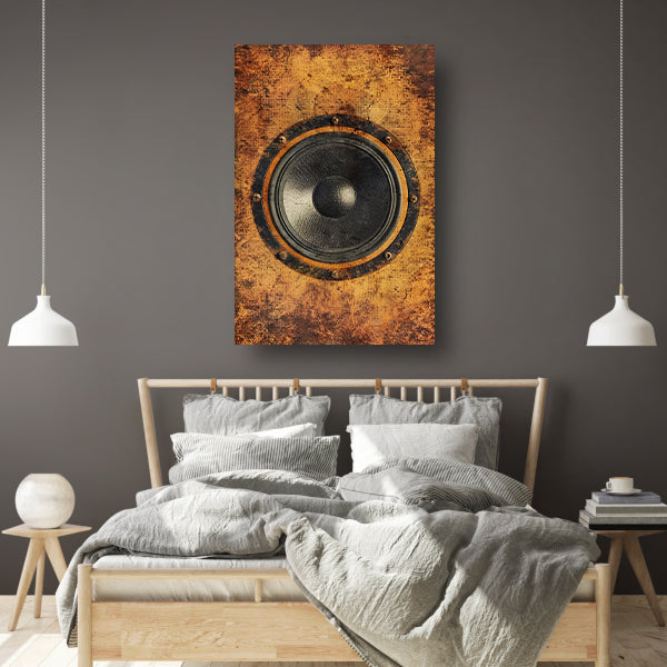 Abstract speaker op verweerde houten achtergrond canvas met baklijst