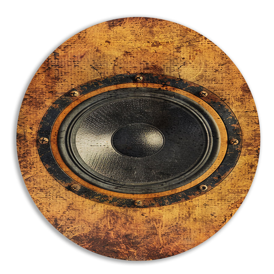 Abstract speaker op verweerde houten achtergrond aluminium muurcirkel