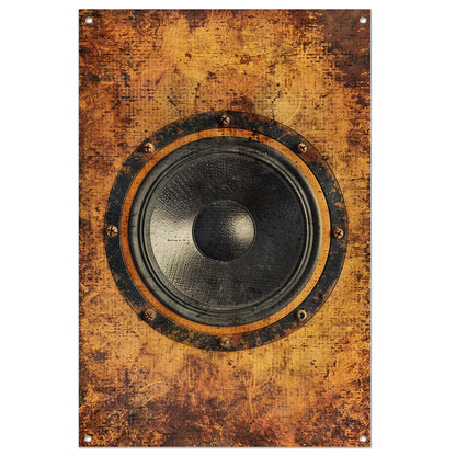 Abstract speaker op verweerde houten achtergrond tuinposter