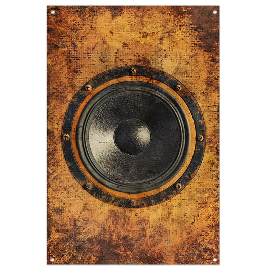 Abstract speaker op verweerde houten achtergrond tuinposter