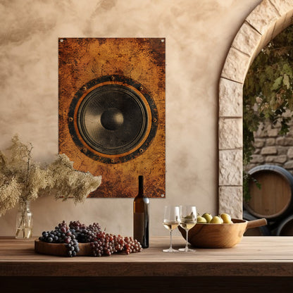 Abstract speaker op verweerde houten achtergrond tuinposter