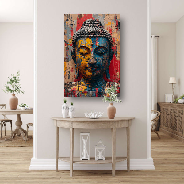 Kleurrijk Abstract Interpretatie van Boeddha canvas met baklijst