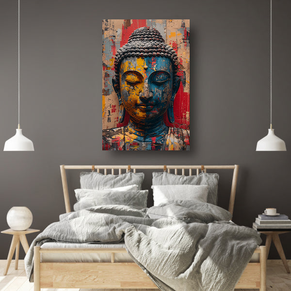 Kleurrijk Abstract Interpretatie van Boeddha canvas met baklijst