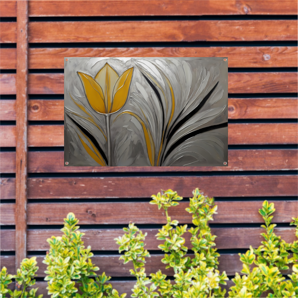 Abstracte Gele Tulp op Zilveren Achtergrond tuinposter