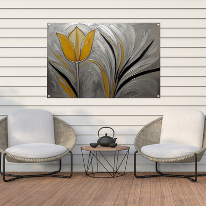 Abstracte Gele Tulp op Zilveren Achtergrond tuinposter