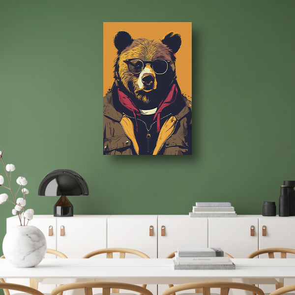 Beer met zonnebril en jas canvas met baklijst