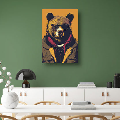 Beer met zonnebril en jas canvas met baklijst