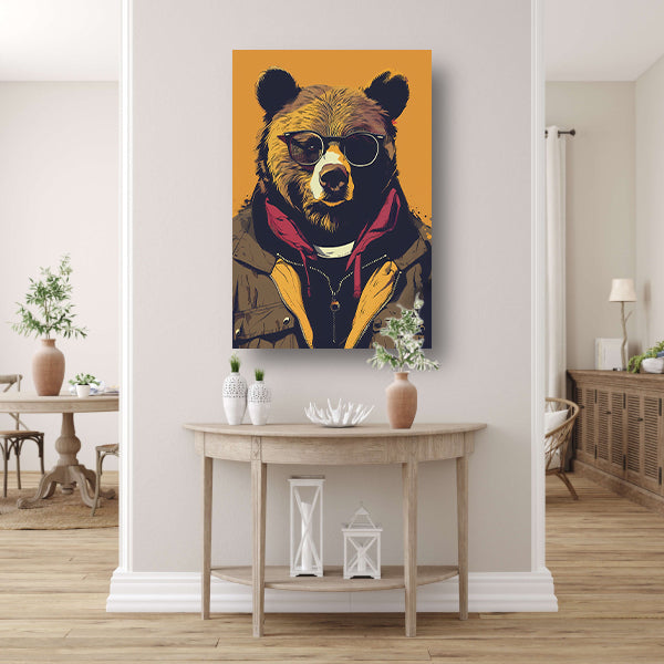 Beer met zonnebril en jas canvas met baklijst