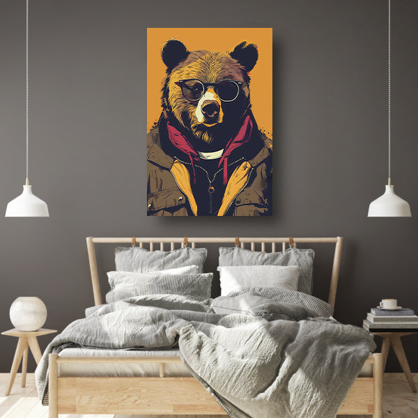 Beer met zonnebril en jas canvas met baklijst