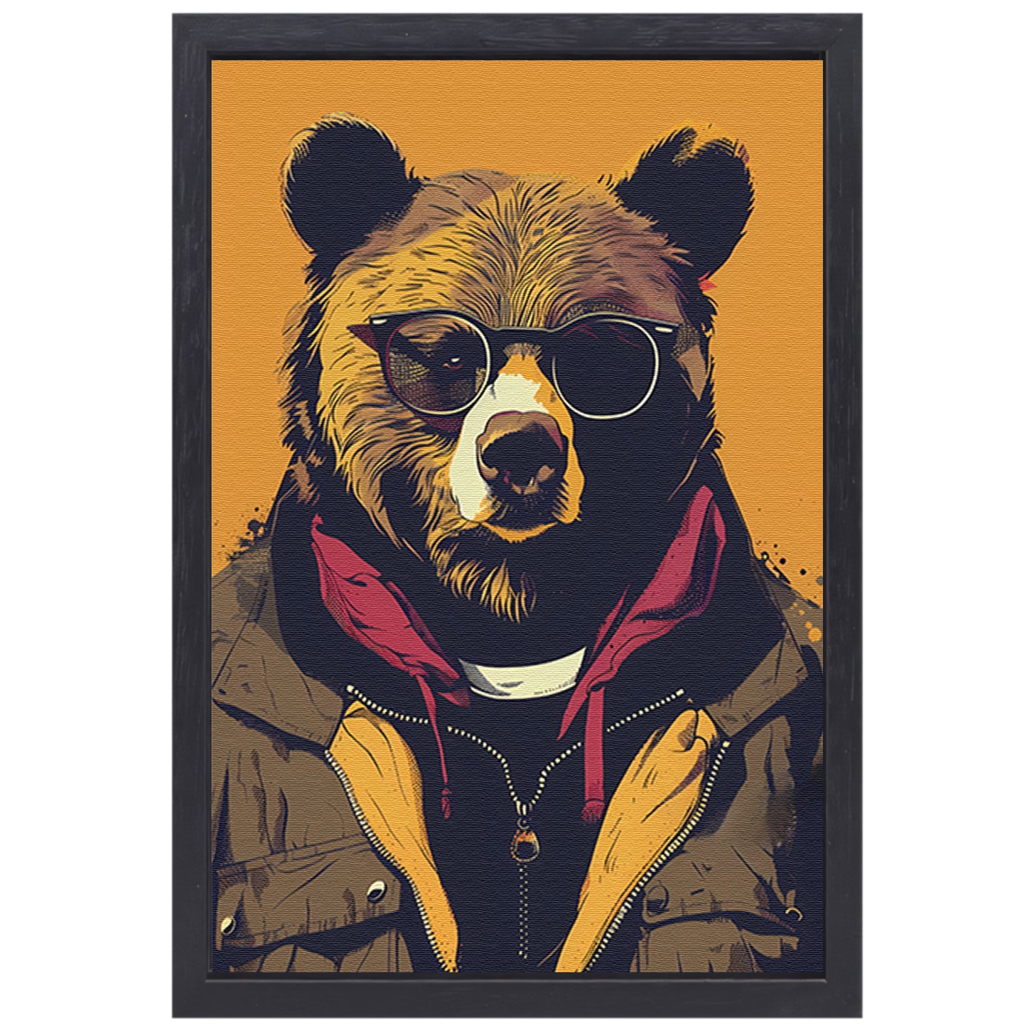 Beer met zonnebril en jas canvas met baklijst