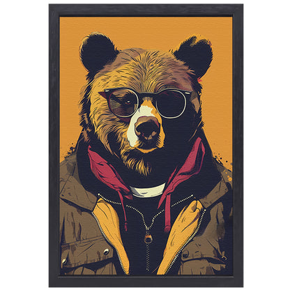 Beer met zonnebril en jas canvas met baklijst