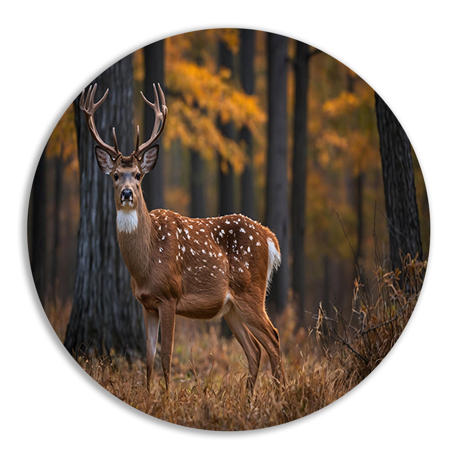 Majestueus hert in het herfstbos aluminium muurcirkel