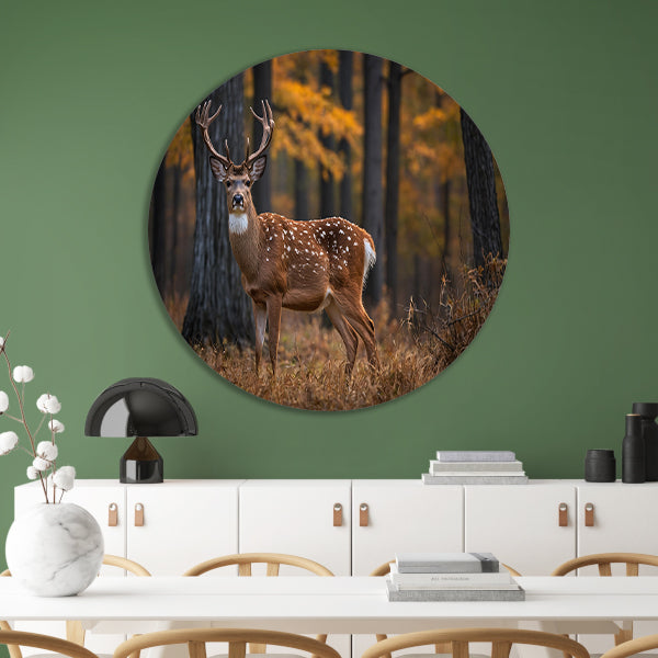 Majestueus hert in het herfstbos aluminium muurcirkel