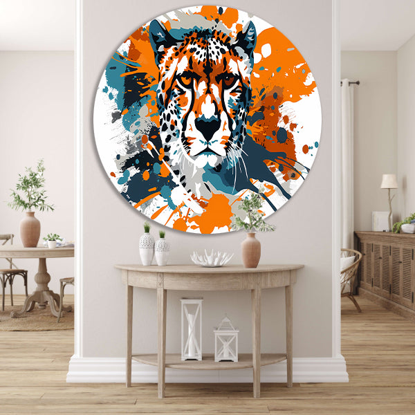 Dynamische abstracte cheeta schilderij print aluminium muurcirkel