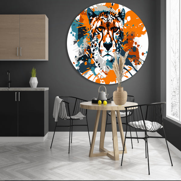 Dynamische abstracte cheeta schilderij print aluminium muurcirkel